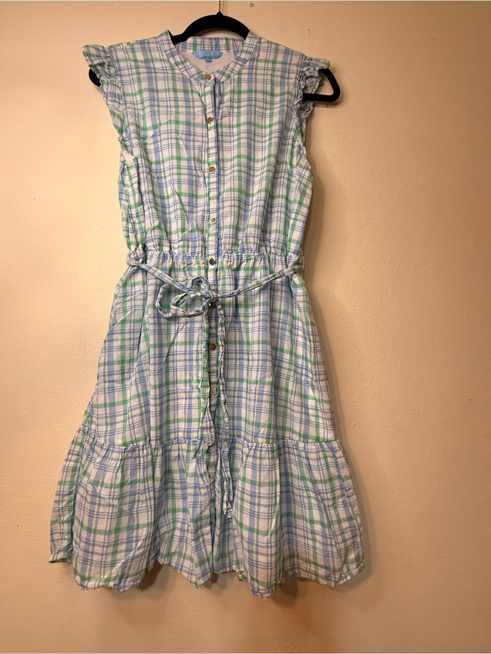 Draper James Sleeveless Button-Front Plaid Midi Dress in Light Blue & Green